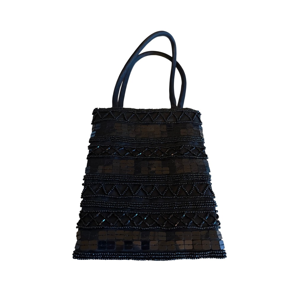 SR Evening Bag Black Beaded Sequin Geometric Formal Handbag Snap Closure